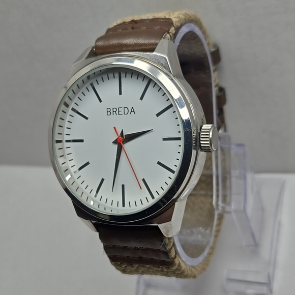 Mens Breda Silver Tone Watch On Woven Band White Dial New Battery - Picture 2 of 9